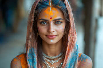 Woman with colorful makeup applying makeup.