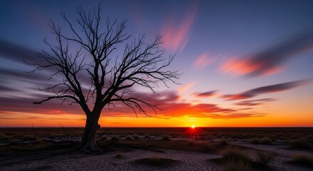 Majestic Sunset Silhouette: A Lone Tree Against Vibrant Skies