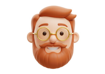 Isolated cartoon ginger-haired man with beard, round glasses, smiling at the camera happily