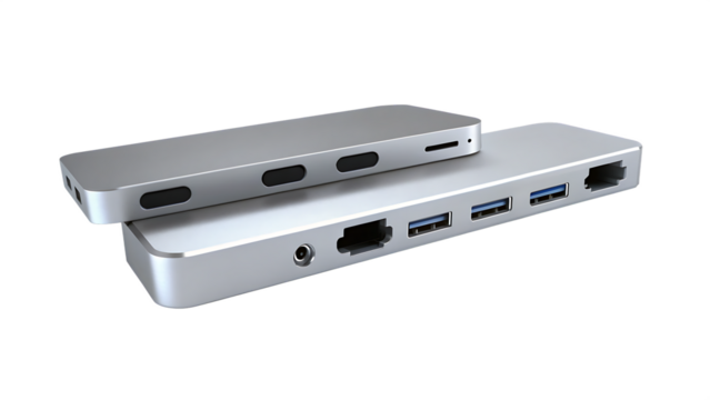 silver usb c hub with ports isolated on white background, png, ai generated