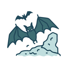 Nocturnal Flight of Bats: A minimalist illustration captures bats soaring through the night sky, their wings outstretched. Embodying a spooky or Halloween feel.