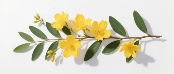 A branch with yellow flowers and green leaves on a white background