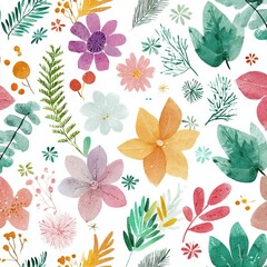 Watercolor floral new year seamless pattern in cute childish style, colored christmas background, hand painting print with abstract flowers, leaves and plants, design texture. High quality