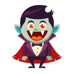 Cute Vampire Illustration: A cheerful, cartoonish vampire with sharp fangs, a charming smile, and a classic cape stands ready for Halloween fun, capturing the spooky spirit with a touch of cuteness. 