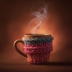 Steaming Coffee Mug with Knitted Cozy on Brown Background