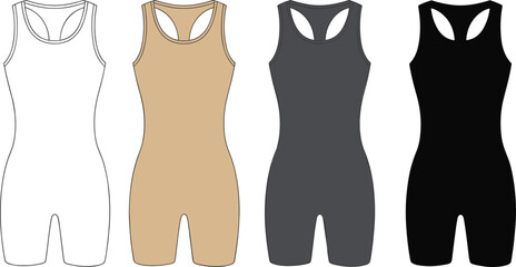 Women's bodysuit vector mockup, sleeveless one-piece activewear template, blank customizable design in four colors, suitable for sportswear and workout clothing apparel.