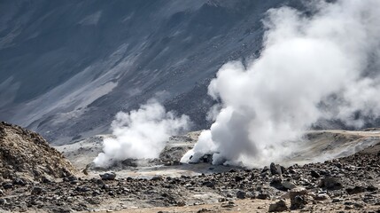 Active volcanic area with fumaroles releasing steam into the atmosphere