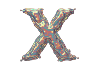 Isolated iridescent letter X, shimmering metallic fluid shape, 3d rendering graphic element