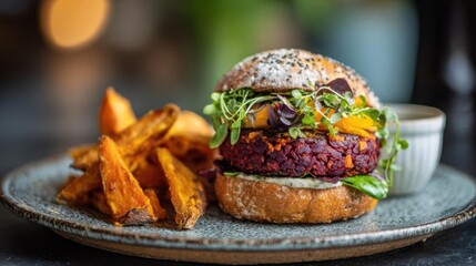 Delicious Beet Burger with Sweet Potato Fries.
