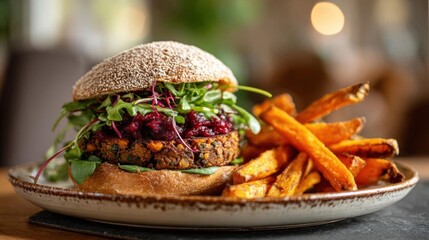Delicious Veggie Burger with Sweet Potato Fries.