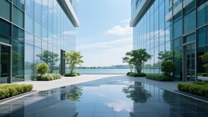 Modern glass office buildings with reflective courtyard and water feature