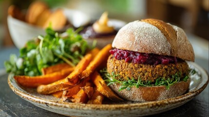 Delicious Vegan Burger with Sweet Potato Fries and Fresh Greens.