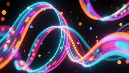 Vibrant neon ribbons swirling in a dark space with glowing particles