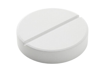 Isolated round white pill with a score line for easy splitting, medication dosage