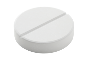 Isolated round white pill with a score line for easy splitting, medication dosage