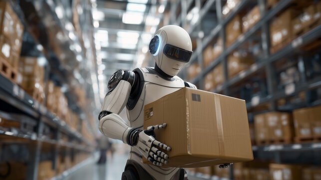 Strong humanoid diligently working in warehouse carefully lifting boxes dexterity and precision. Concepts robot's ability to perform physically demanding tasks in potentially hazardous environments