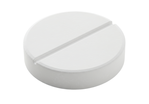 Isolated round white pill with a score line for easy splitting, medication dosage