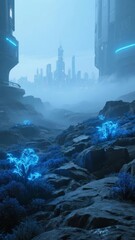 Futuristic cityscape with glowing blue flora in a misty, rocky terrain