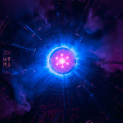 Neon illuminated futuristic reactor surrounded by smoke, cyberpunk style energy machine visualization