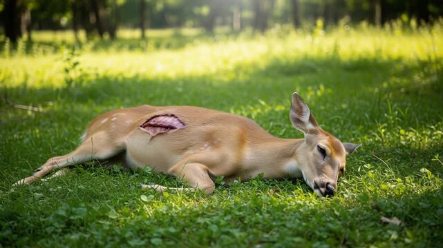 Injured Young Deer Lying on the Green Grass.