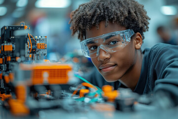 Young boy with safety goggles, working on a robotic project.
