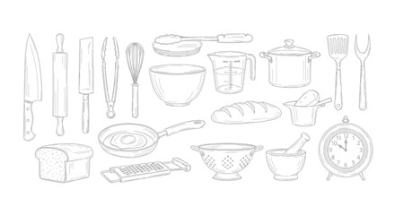 Kitchen Utensils and Cooking Tools Line Drawing Set for Food Blog or Recipe Illustration