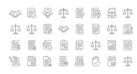 Legal Icons Set  Scales Documents Handshake Checkmark and Justice Symbols for Business