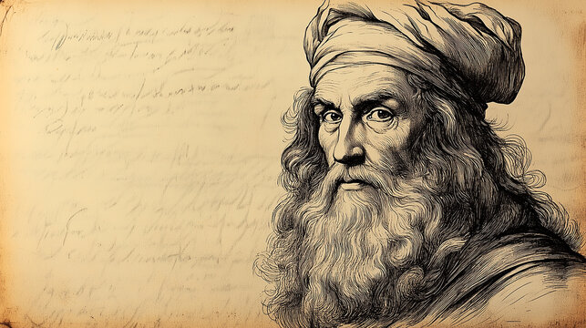2-Color Portrait of Leonardo da Vinci with Quill Symbolizing Art and Invention