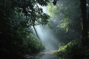 Tropical rainforest interior where mist diffuses the light, foliage dripping with water, jungle floor damp
