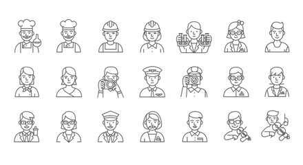 Line Icons Set of Different Professions People Occupations Jobs Career Vector Illustration
