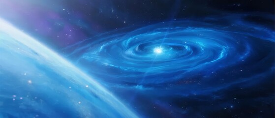 A swirling blue galaxy with a bright central core, viewed from space near a planetary edge, set against a star-filled cosmic background.