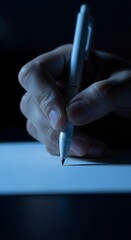A focused hand pens thoughts onto paper, illuminated by a solitary, cool light, capturing the essence of concentration and intellectual pursuit