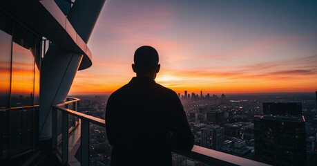 Person Overlooking Vibrant Urban Cityscape at Sunset