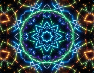 A vibrant and intricate neon kaleidoscope pattern with geometric shapes and glowing lines on a dark background.