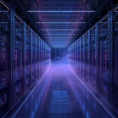 Modern Data Center Hallway Featuring Digital Network Infrastructure and Lights