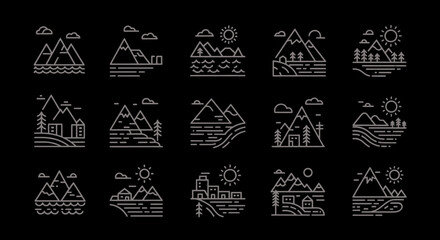 Mountain and Forest Icons Set Outdoor Adventure Line Art Symbols for Website Design