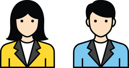 Cartoon male and female characters, black hair, yellow jacket, blue jacket, white shirt, professional attire, avatar, icon, flat design, vector illustration, stock art, outline style, business