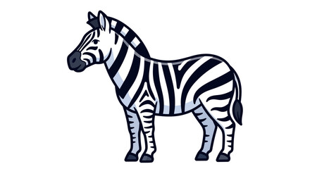 Fototapeta premium A friendly cartoon zebra illustration standing in profile with bold black and white stripes and subtle blue shading.