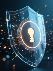 Transparent shield with glowing keyhole symbol and dynamic light particles