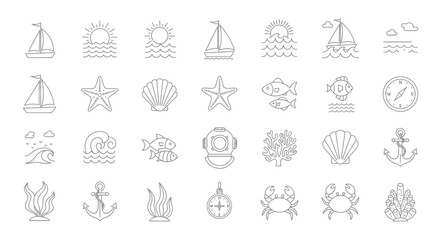Nautical Icons Set  Boat Fish Anchor Starfish Seashells Compass Waves and Marine Elements
