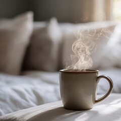 Steaming Mug of Coffee on a Bed, Cozy Morning Scene