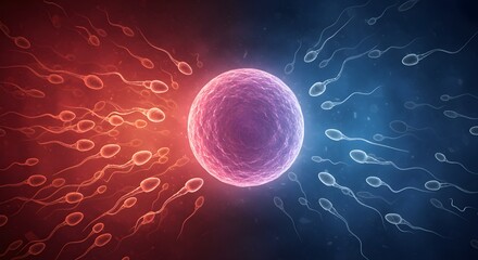 Sperm cells surrounding an egg cell during fertilization