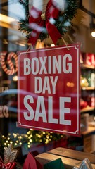 Red boxing day sale sign displayed prominently on a shop window with festive decorations and blurred store interior in the background