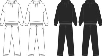 Cozy fashion mockup, oversized hoodie and sweatpants set, blank streetwear apparel template, customizable vector illustration, front and back view for clothing design.