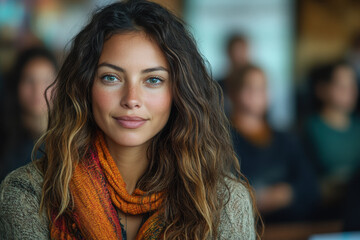 Woman with long hair wearing a scarf.