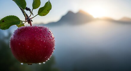 Ripe Red Apple on Branch Against Misty Mountain Background.