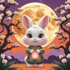 Mid autumn festival cartoon style banner design with cute rabbit and a full moon and Osman thus trees