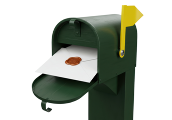 Isolated Green mailbox with yellow flag, letter, and wax seal in open position