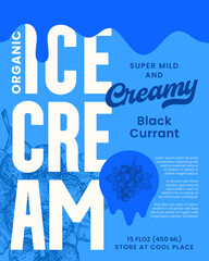 Ice Cream Vector Label Design Background Template. Fruit Sundae Product Package Banner Concept. Sweet Food Dessert Creative Colorful Card with Hand Drawn Black Currant and Melting Wave Drip Sticker