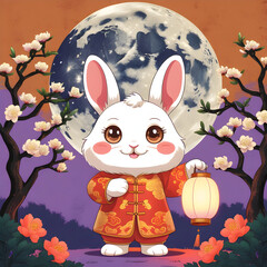 Mid autumn festival cartoon style banner design with cute rabbit and a full moon and Osman thus trees